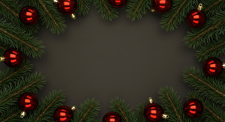 A captivating holiday ornament arrangement for the festive season, decorated with lush evergreen branches and radiant red baubles. The composition forms an inviting frame for a seasonal greeting.