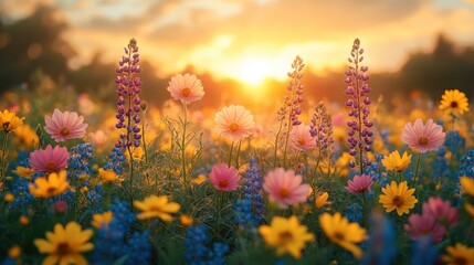 Fototapeta premium Golden Hour Wildflower Meadow at Sunset with Pink, Yellow, and Blue Blooms