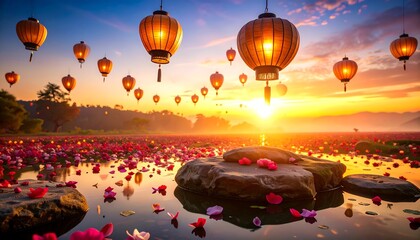 Obraz premium Lanterns Over Water with Petals at Sunset in Atmospheric Landscape