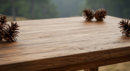 Close-up shot of a wooden table adorned with pine cones, seamlessly blending rustic charm with natural simplicity.