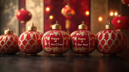 Happy Chinese New Year Red and Gold Ornate Baubles with Festive Lanterns and Bokeh Lights, Traditional Holiday Decorations