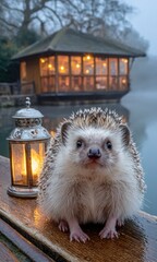 A charming hedgehog sits on a wooden dock by a glowing gazebo on a misty evening.