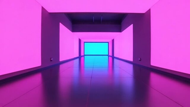 abstract neon video, flying forward through rectangular corridor, long tunnel, appearing glowing pink blue square shapes, ultraviolet spectrum