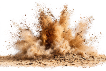 A powerful explosion of dirt and dust erupts from the ground, creating a cloud of debris against a white background.