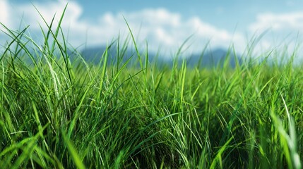 Obraz premium Vibrant Green Grass Blades Reach for Sunny Sky, Soft Bokeh Field Horizon.