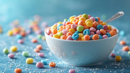 Colorful sugar-coated candies overflowing from a white bowl with a spoon, set against a vibrant blue background with scattered sweets, creating a cheerful and enticing still life of delicious treats.