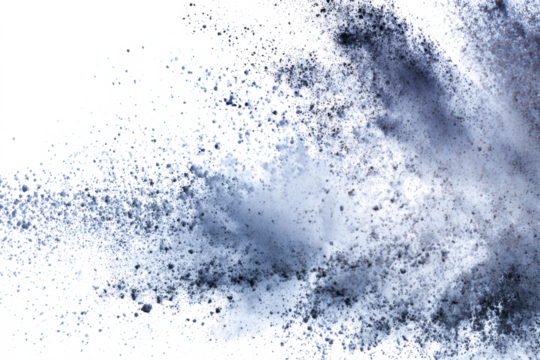 A dynamic cloud of dark grey powder or dust exploding and scattering against a clean white background, creating a textured and abstract visual effect.
