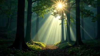 Sunlight filters through trees in a serene forest during early morning hours