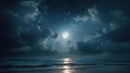 Ethereal Full Moon Reflection on Dark Ocean Waves Under a Star-Dusted Cloudy Night Sky.