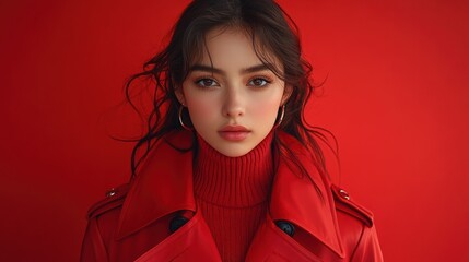 Striking Portrait of a Young Woman in Red Turtleneck and Trench Coat Against a Vibrant Red Background