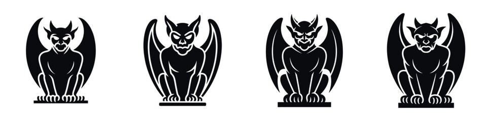 Scary Gargoyle Halloween Vector Set – Gothic Demon Statue Silhouettes with Wings for Horror Illustrations, Haunted House Decor, Posters, Stickers, Party Invitations, and Creepy Seasonal Designs