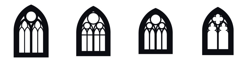 Gothic Window Halloween Vector Set – Spooky Medieval Church Window Silhouettes for Horror Illustrations, Haunted House Decor, Posters, Stickers, Party Invitations, and Dark Seasonal Designs