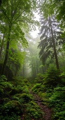 Fototapeta premium A misty forest path winds through lush greenery, dappled sunlight filtering through the canopy above.