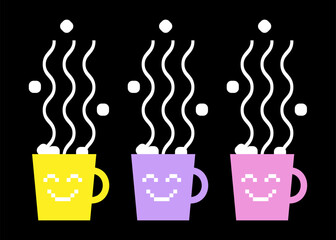 Minimalist three cups with pixel smiling  faces. Funny colored cup of hot chocolate with steam, marshmallows on black bg. Hot winter drink design. Abstract vector illustration for Christmas market