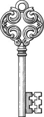 Antique ornate key with intricate scrollwork handle and detailed bit, vintage design, engraved illustration