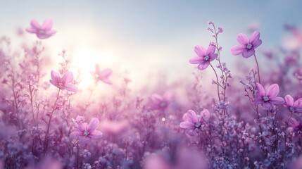 Obraz premium Ethereal Pink and Purple Flower Field with Soft Focus and Dreamy Bokeh, Bathed in Gentle Sunlight for a Serene Summer or Spring Landscape