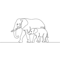 Obraz premium Mother and baby elephant walking in continuous line drawing 