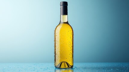 Chilled Bottle of White Wine with Condensation on a Wet Blue Surface and Gradient Background