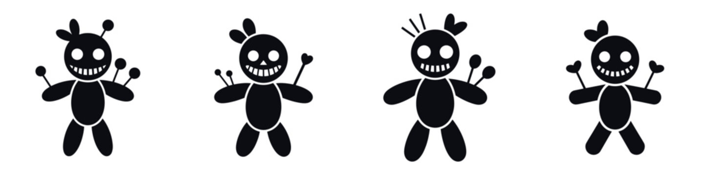 Creepy Voodoo Doll Halloween Vector Set &ndash; Spooky Doll Silhouettes with Pins for Witchcraft, Horror Illustrations, Haunted House Decor, Posters, Stickers, Party Invitations, and Gothic Seasonal Designs