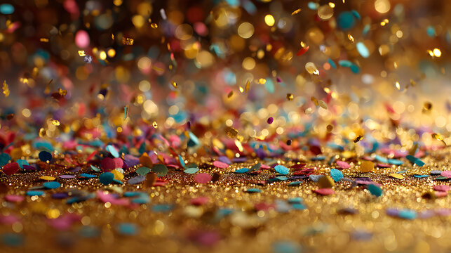 A festive and colorful party with flying neon confetti on a golden background
