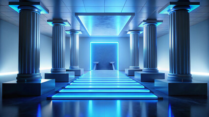 Futuristic Minimalist Architectural Interior with Blue Neon Lighting and Symmetrical Design