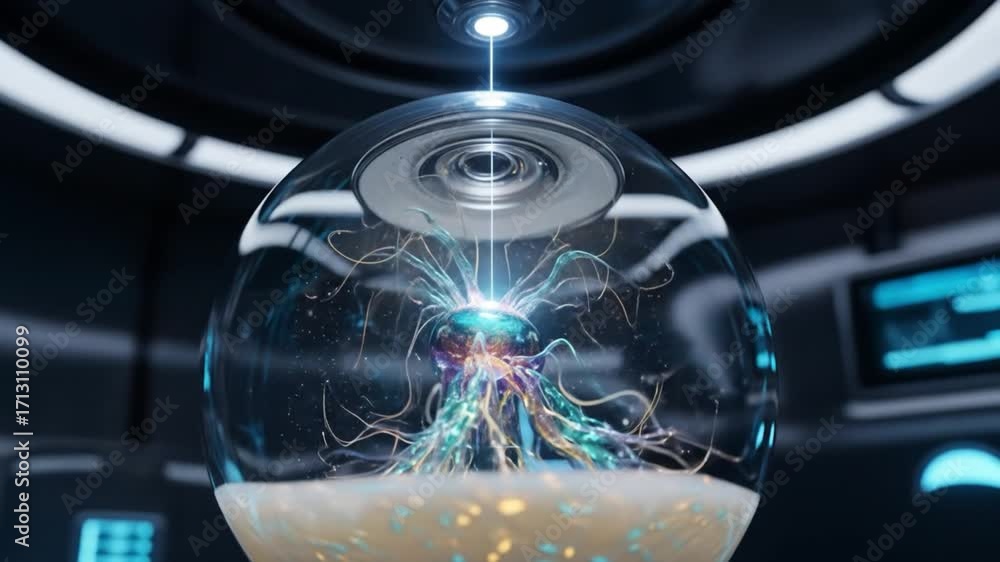 Poster advanced energy core experiment in futuristic laboratory with pulsating bioluminescent elements