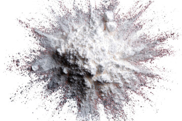 A dynamic explosion of white powder dispersing outwards against a clean white background, creating a cloud of fine particles.