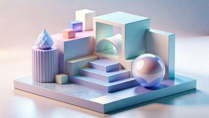 Minimalist Abstract 3D Geometric Art in Pastel Colors with Isometric Perspective and Soft Lighting