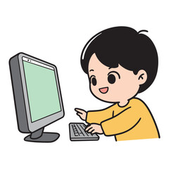 Adorable cartoon boy happily typing on a computer keyboard with a bright green screen