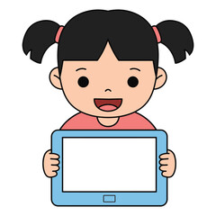 Cute cartoon girl holding a blank tablet computer with copy space, perfect for educational or entertainment concepts