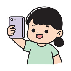 Cute cartoon girl holding a smartphone and taking a selfie, illustration