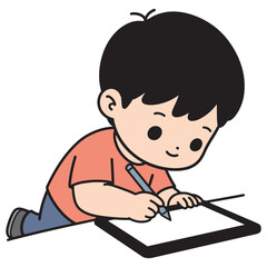 Cute cartoon boy diligently drawing on a digital tablet with a stylus, showcasing creativity and childhood learning