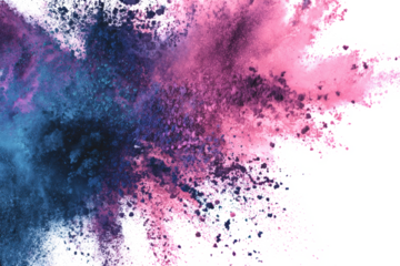 A vibrant explosion of pink and blue powder against a white background, creating a dynamic and energetic abstract composition.