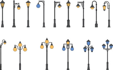 Street lamp collection, vintage outdoor lighting, urban light pole set, city streetlight design, modern and classic lampposts,
