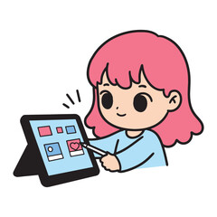 Cute girl drawing and designing on a tablet, digital art and creativity for children and beginners, graphic design illustration