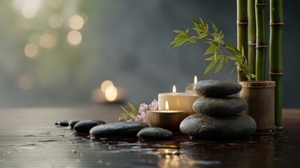 Serene Spa Still Life - Tranquil Bamboo, Stones, and Candles.
