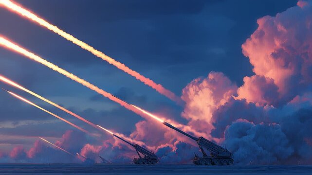 Multiple Rocket Launchers Firing Missiles Against a Dramatic Cloudy Sky at Dusk, Military Technology and Modern Warfare Concept