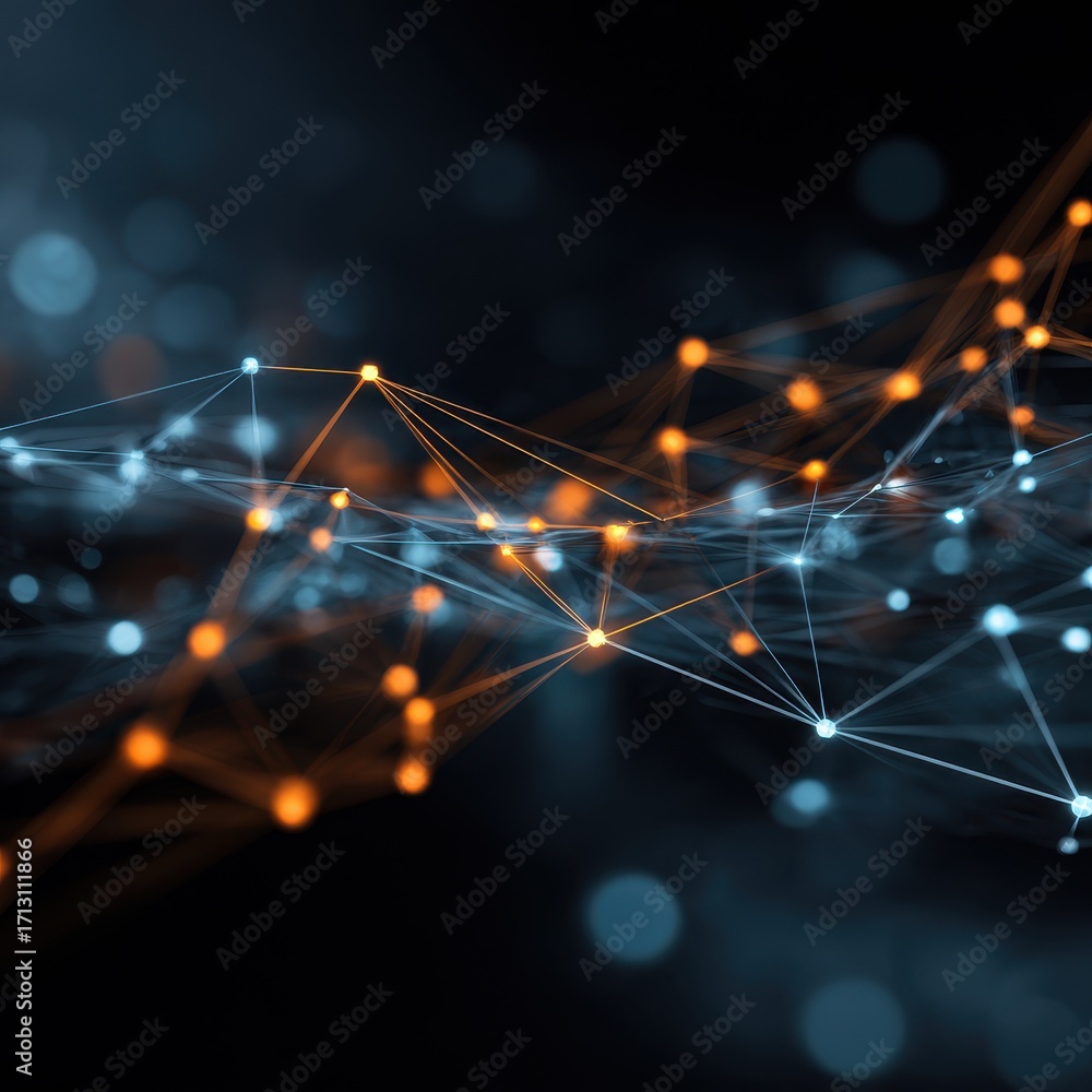 Poster dynamic luminous network - interconnected blue orange nodes, abstract data flow.