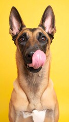 Dog with pink tongue, against yellow