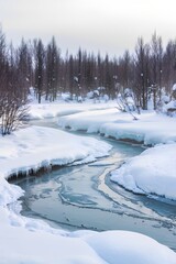 Meandering frozen river through snowy forest, peaceful winter landscape with soft light