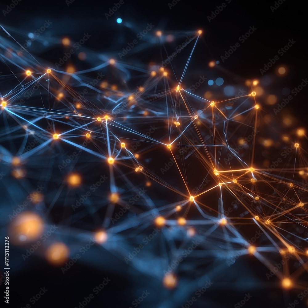 Poster glowing network - abstract digital connectivity, illuminated nodes and lines.