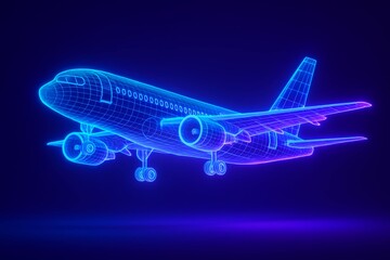 Neon wireframe airplane illustration with vibrant colors and futuristic design elements