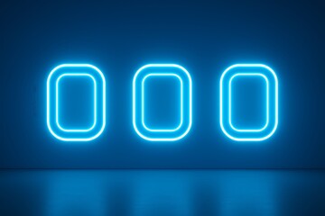 Neon blue glowing rectangles on dark wall creating a modern and futuristic atmosphere