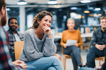 Woman  wearing sweater resting hand on face in group therapy session with blurred participants in white room background