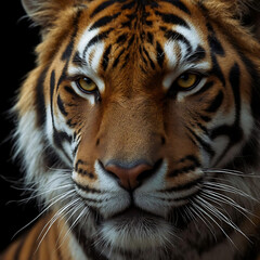 Fototapeta premium Tiger close-up portrait with striking features on dark background 