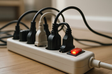 Power strip extension cord plugged with multiple electrical devices showing unplug tip for safety and reducing fire risk in home setting with glowing switch