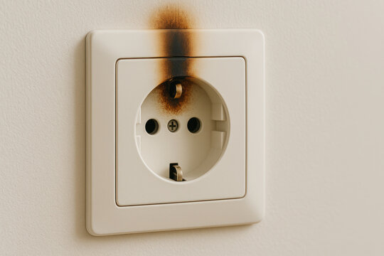 Burned electrical outlet with scorch mark unplug electrical safety extension cord risk hazard wall socket