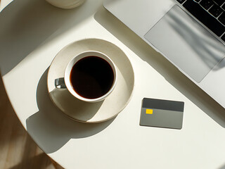 Clean flat lay with laptop, coffee cup and gray card on round desk with sunlight. Cyber Monday online shopping and digital payment