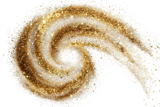 Gold and white glitter swirl design on a white background.