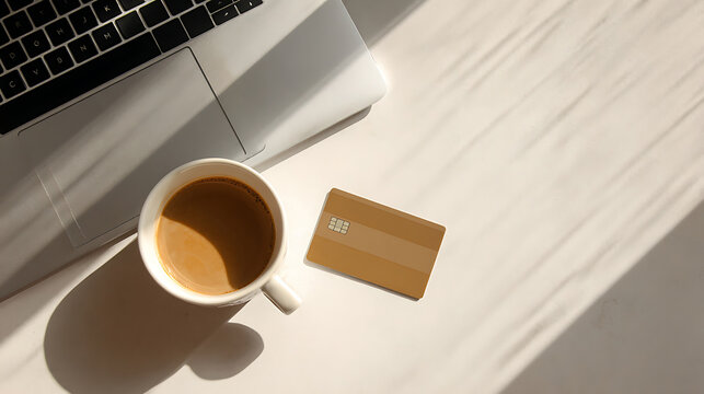 Warm coffee, laptop and beige striped card in natural light. Cyber Monday workspace flat lay symbolizing online deals, shopping and payments
